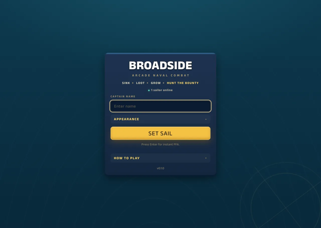 Broadside game launch screen for setting sail in an arcade naval battle